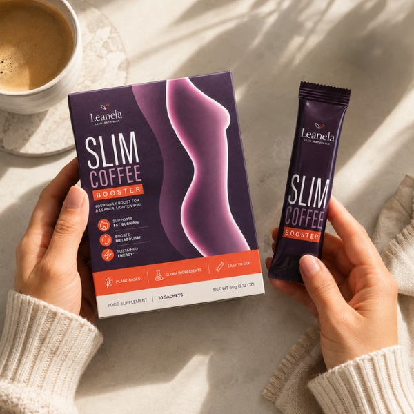 Leanela Slim Coffee Booster box, sachet and prepared coffee